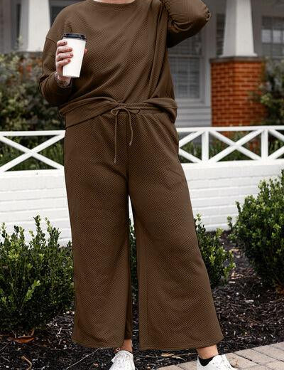 Textured Long Sleeve Top and Drawstring Pants Set - Sunday Golden
