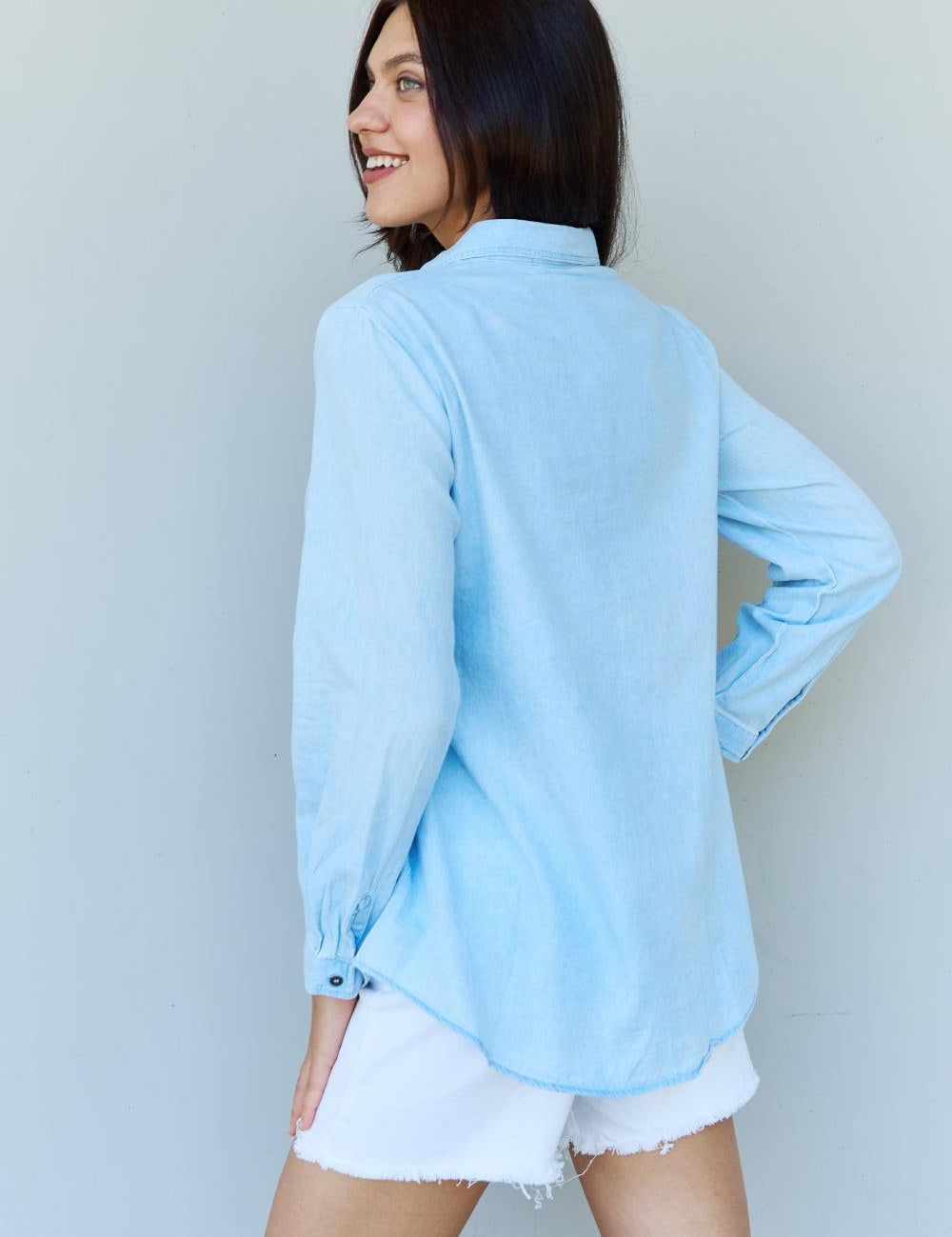 Billy Jean Denim Button Down Shirt Top in Light Blue - Sunday Golden