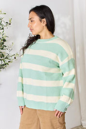 Sage + Ivory Striped Round Neck Sweater