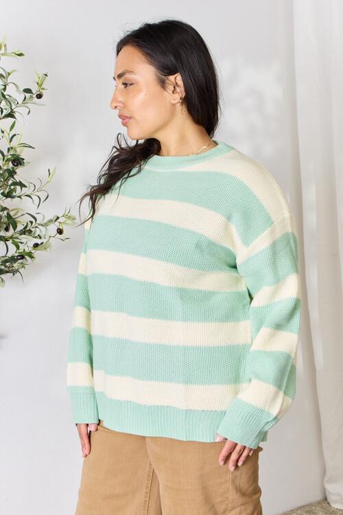 Sage + Ivory Striped Round Neck Sweater
