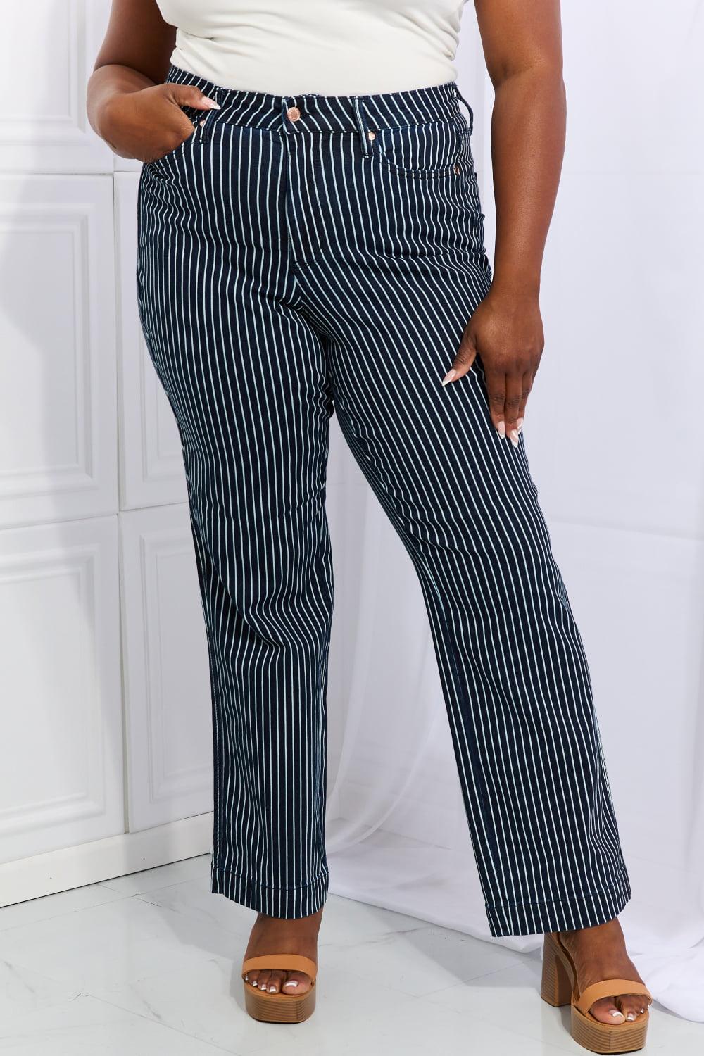 Cassidy High Waisted Tummy Control Striped Straight Denim - Sunday Golden