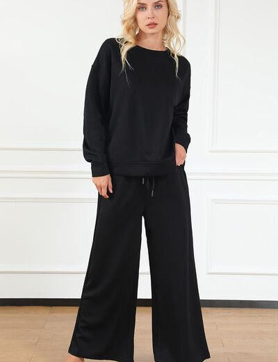 Textured Long Sleeve Top and Drawstring Pants Set - Sunday Golden