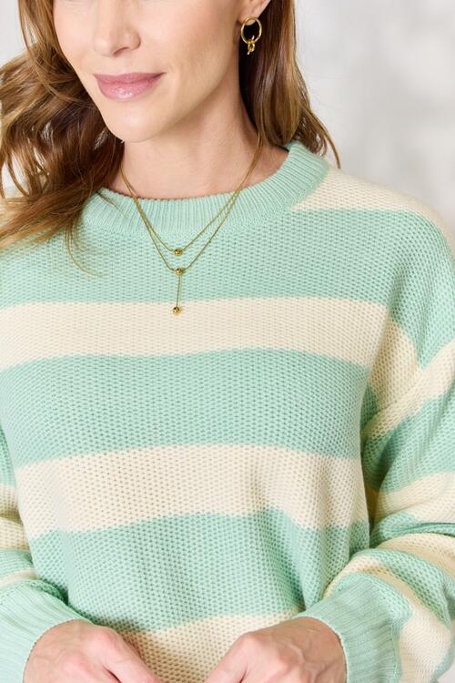 Sage + Ivory Striped Round Neck Sweater