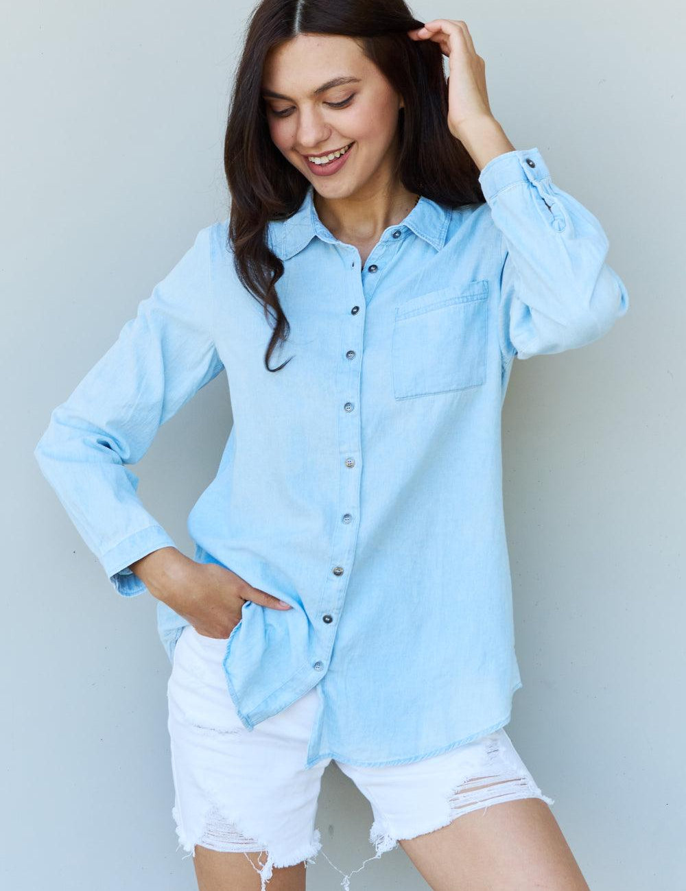 Billy Jean Denim Button Down Shirt Top in Light Blue - Sunday Golden