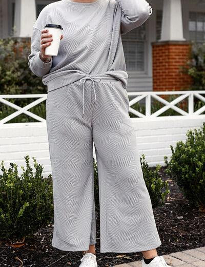 Textured Long Sleeve Top and Drawstring Pants Set - Sunday Golden