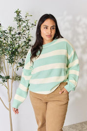 Sage + Ivory Striped Round Neck Sweater