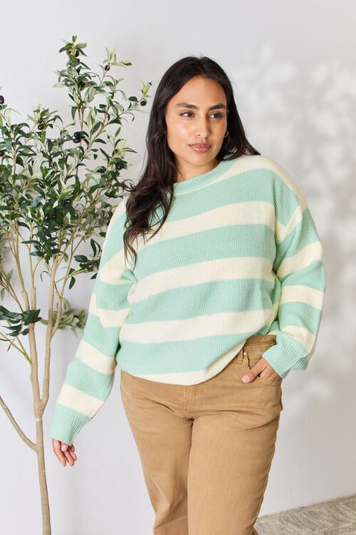 Sage + Ivory Striped Round Neck Sweater