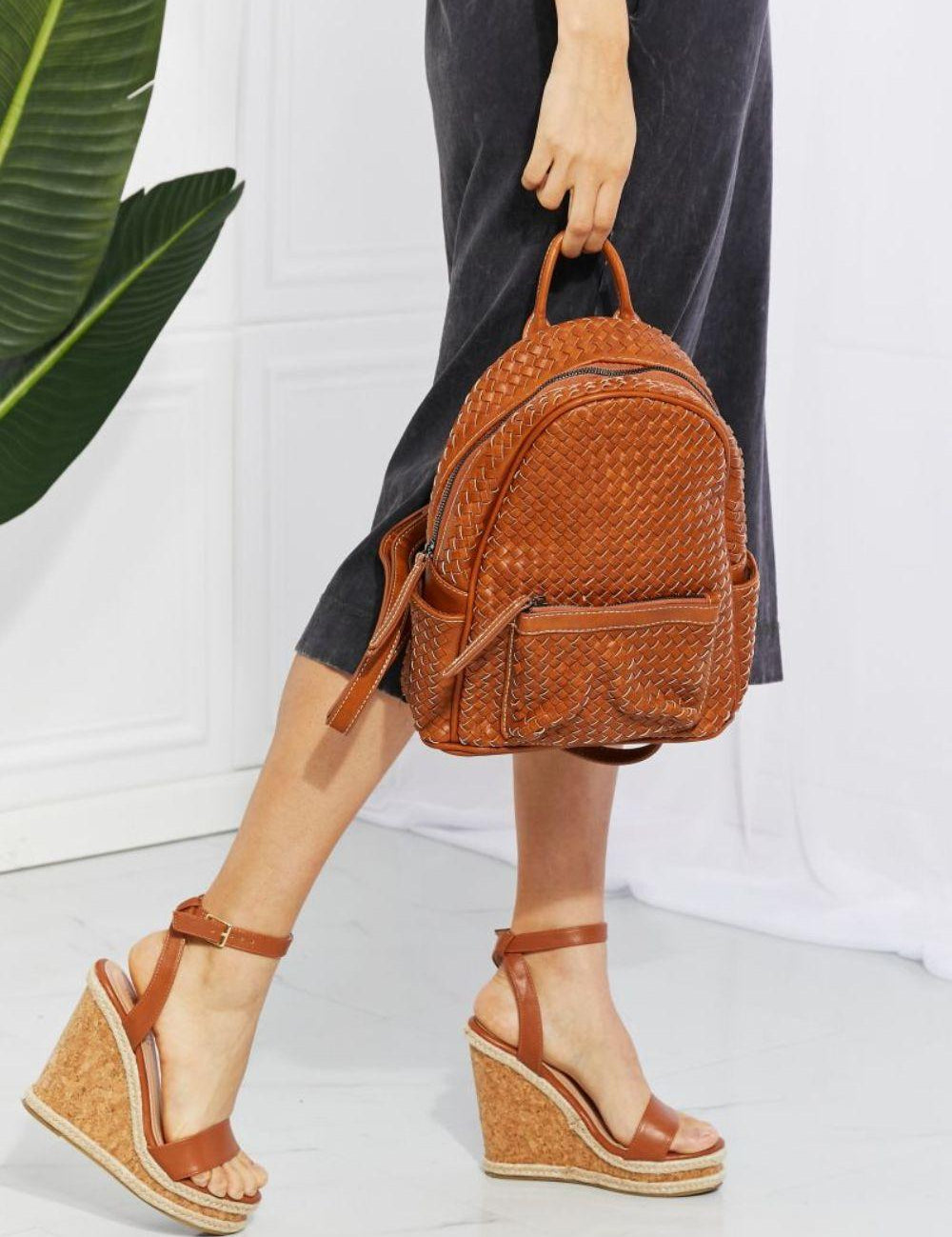 Sicily Faux Leather Woven Backpack - Sunday Golden