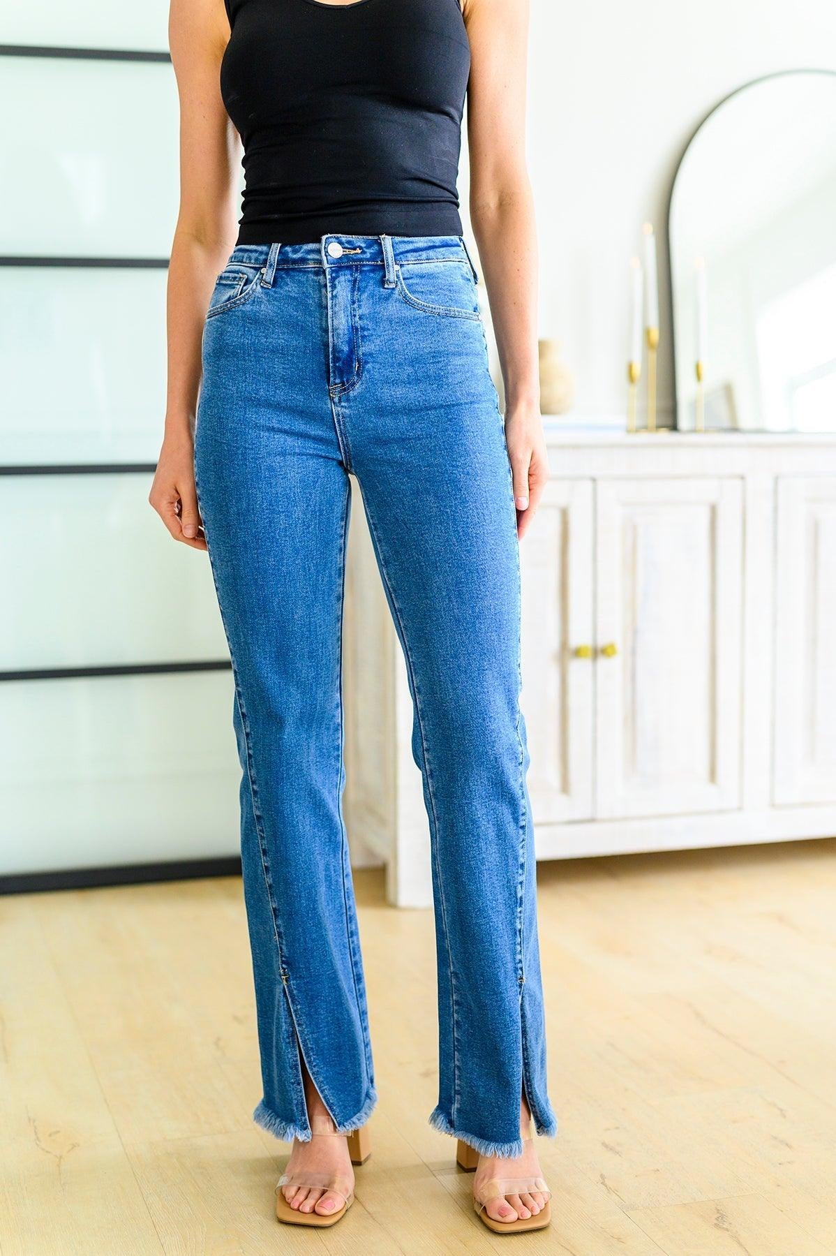 Caitlin High Rise Split Hem Straight Jeans - Sunday Golden