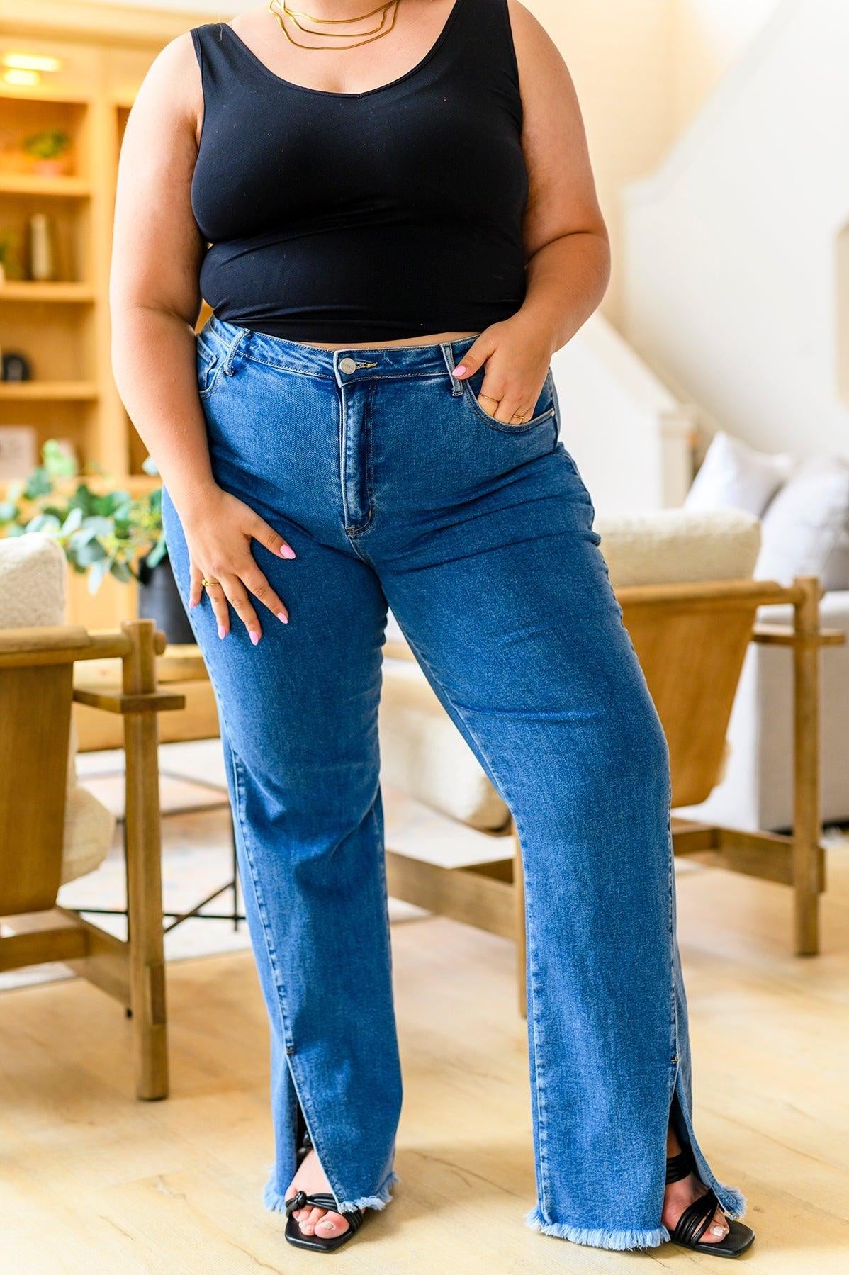 Caitlin High Rise Split Hem Straight Jeans - Sunday Golden