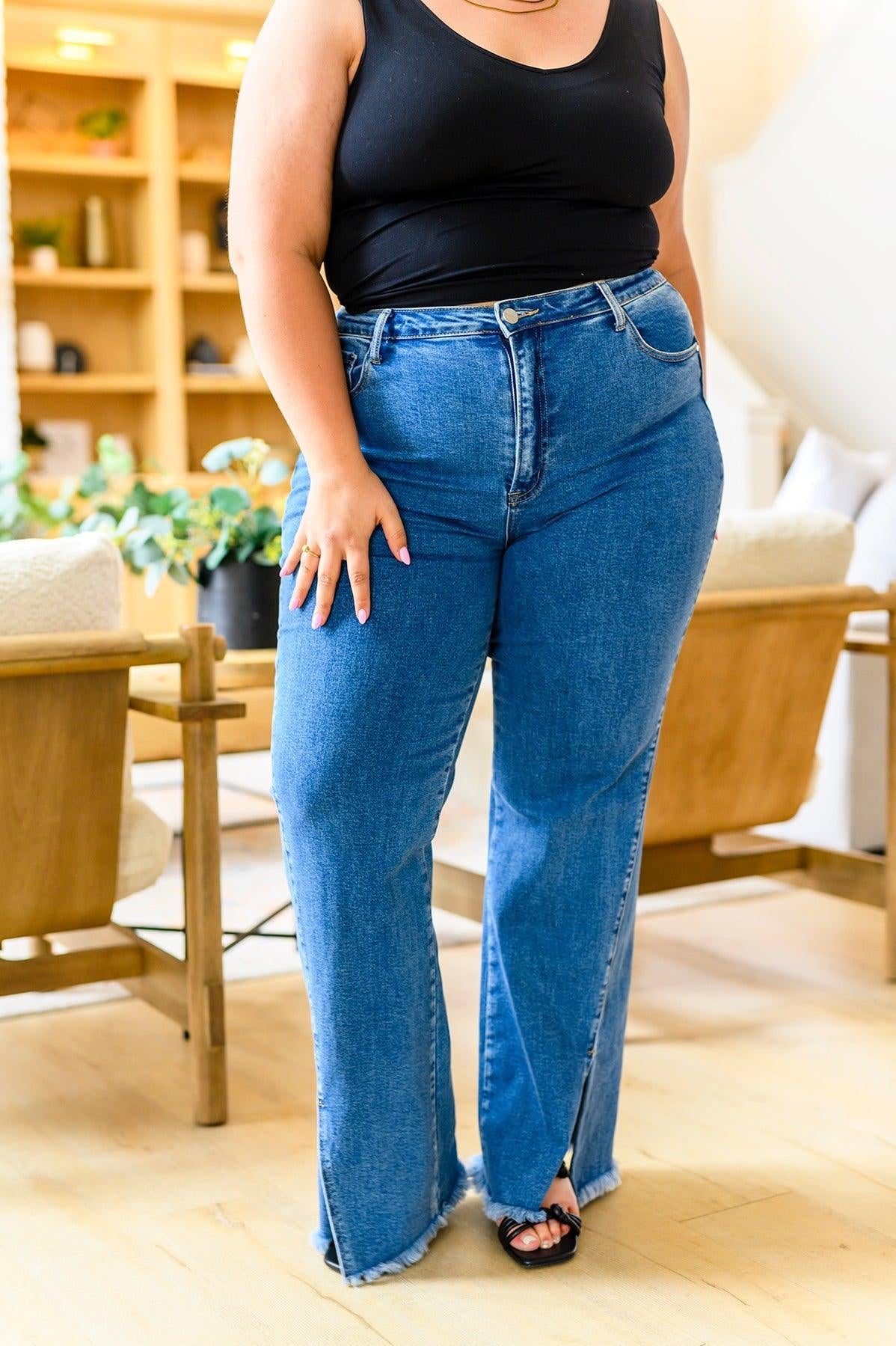 Caitlin High Rise Split Hem Straight Jeans - Sunday Golden
