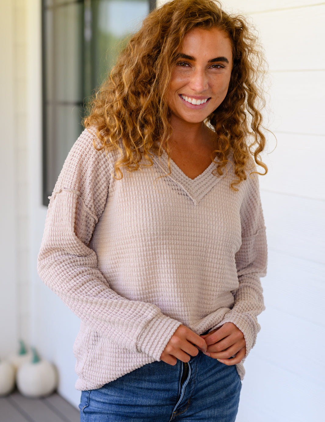Waffle Knit V-Neck Sweater. Drop Shoulder. Exposed seems for edgy but cozy look. 