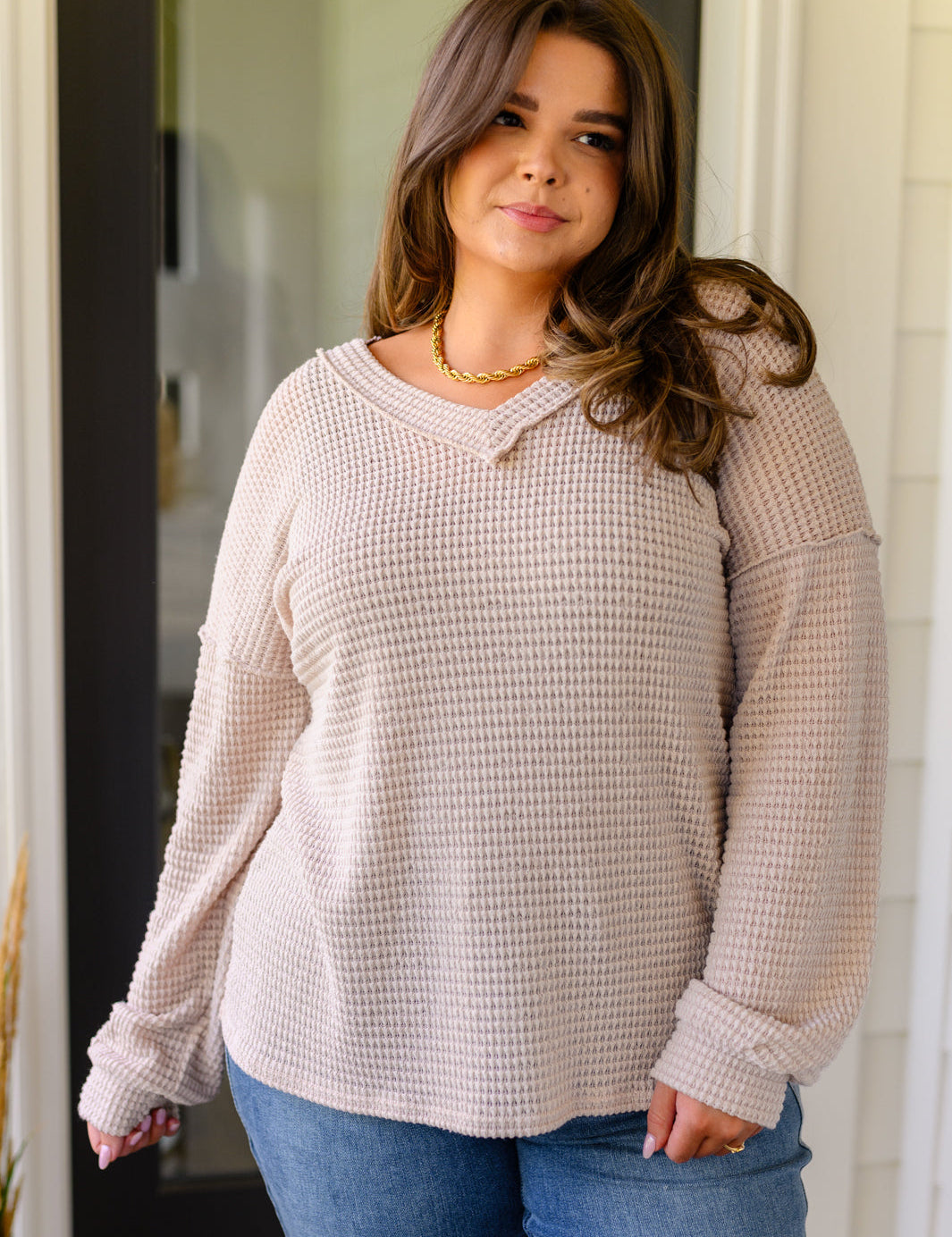 Waffle Knit V-Neck Sweater. Drop Shoulder. Exposed seems for edgy but cozy look. 