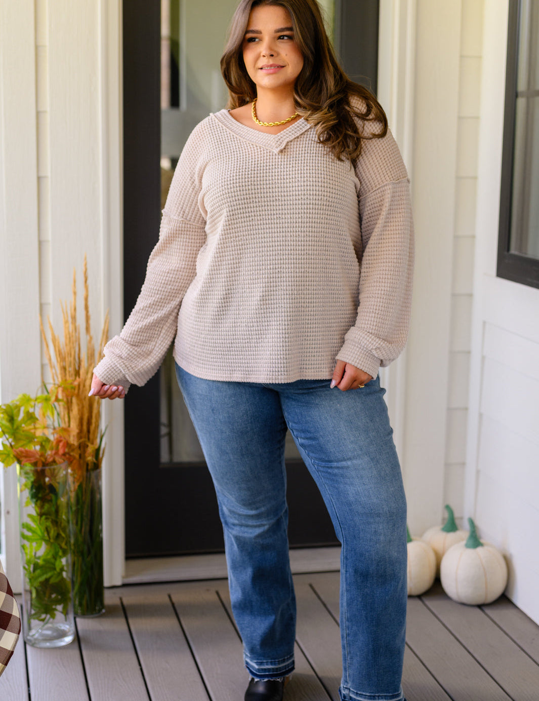 Waffle Knit V-Neck Sweater. Drop Shoulder. Exposed seems for edgy but cozy look. 