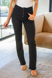 Harriet High Rise Button Fly Bootcut Jeans in Black - Sunday Golden