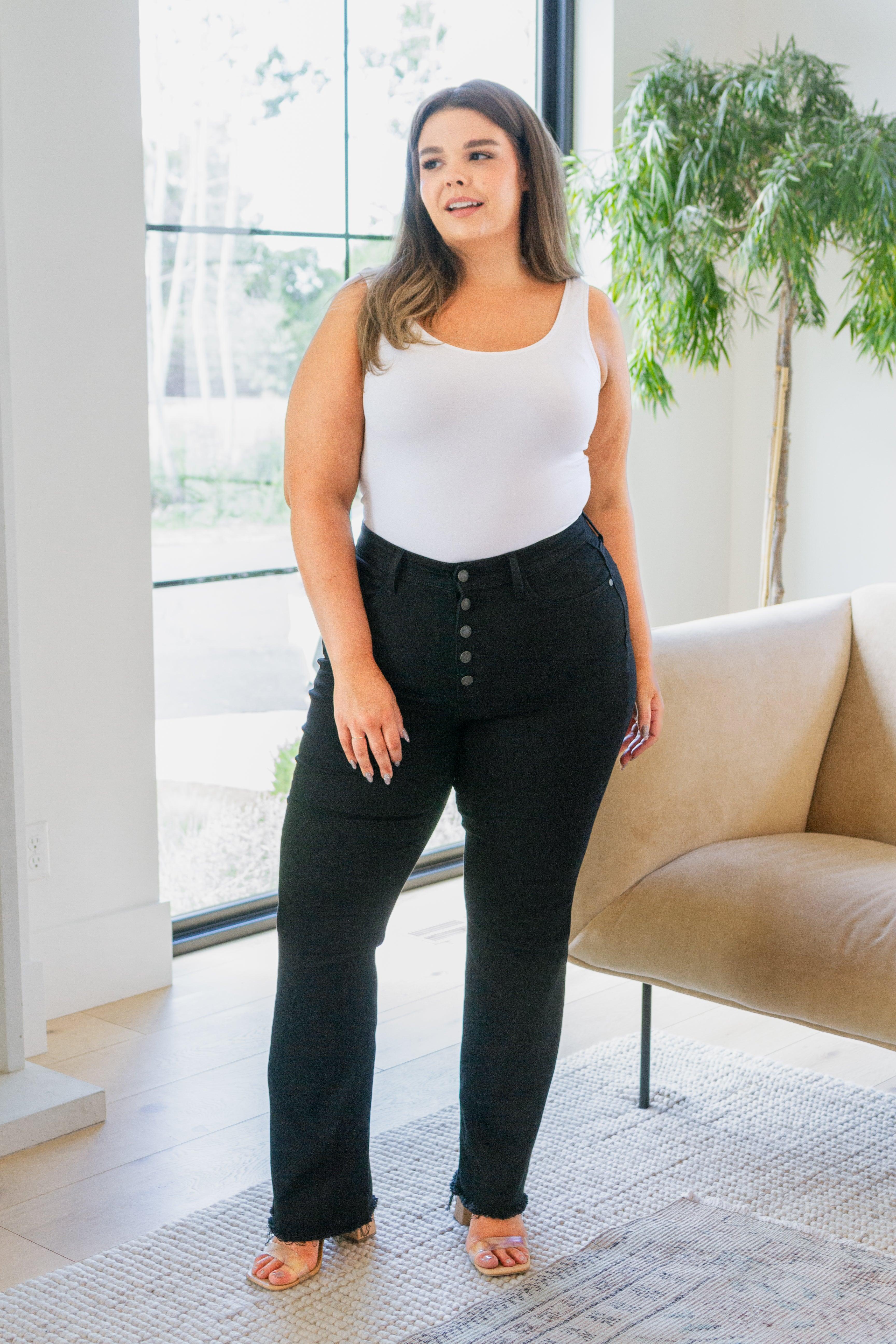 Harriet High Rise Button Fly Bootcut Jeans in Black - Sunday Golden