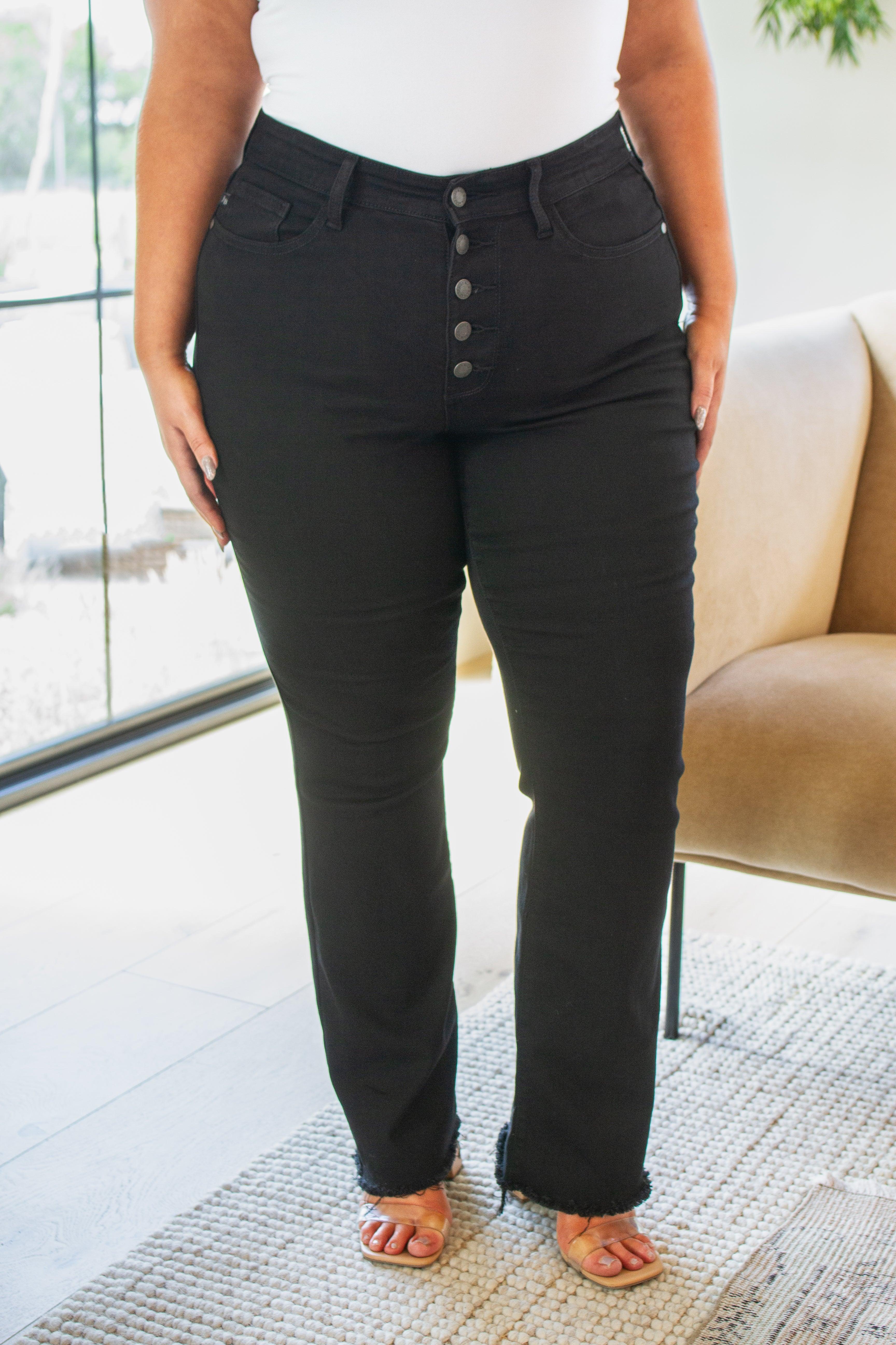 Harriet High Rise Button Fly Bootcut Jeans in Black - Sunday Golden