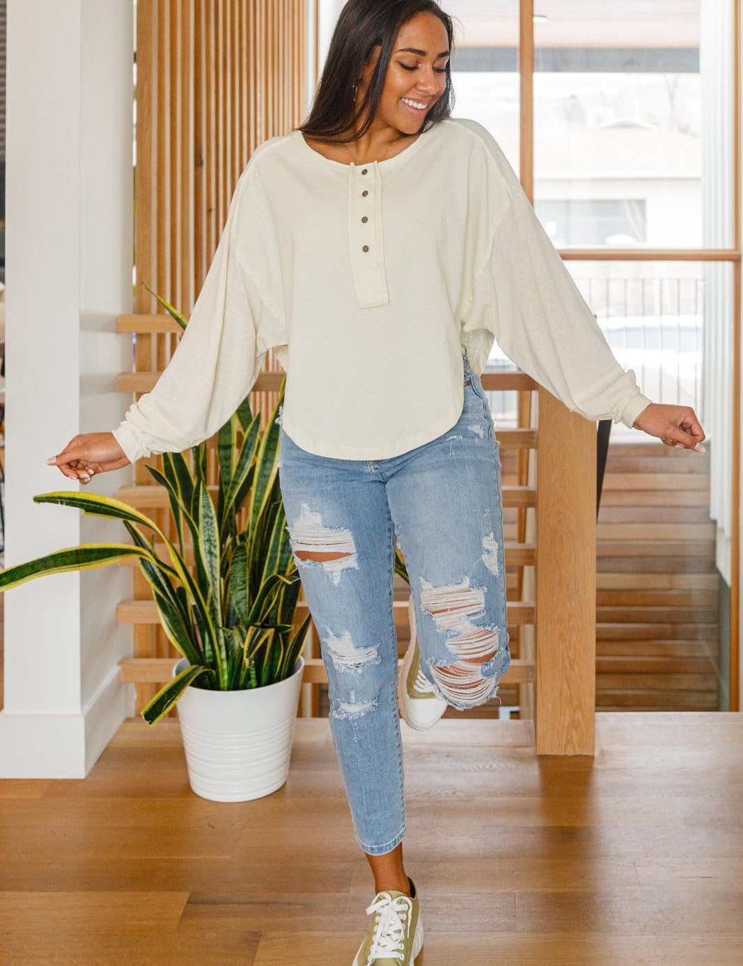Osaka Top In Cream - Sunday Golden. Henley top in cream. 