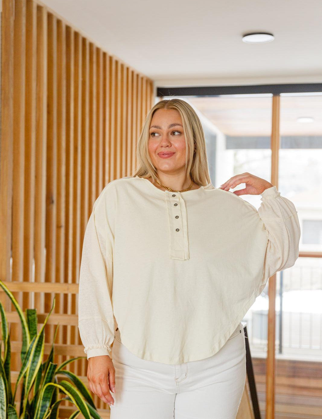 Osaka Top In Cream - Sunday Golden. Henley top in cream. 