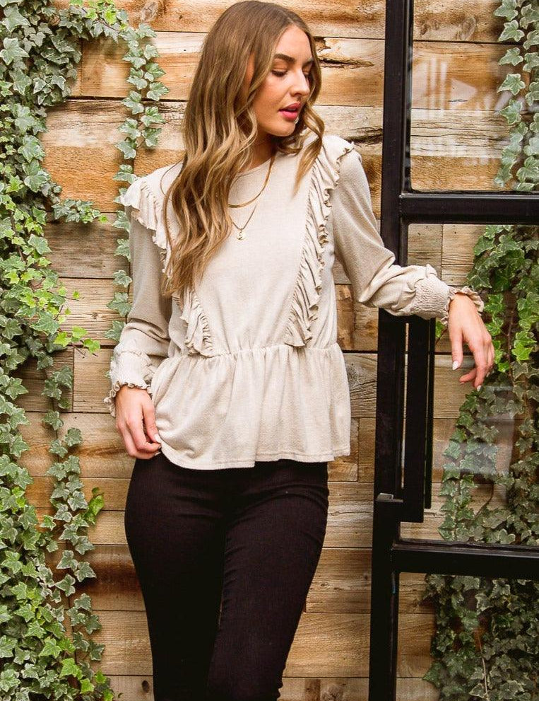 Sweet Confession Top In Seashell. long sleeve ruffle front blouse. Lightweight blouse.