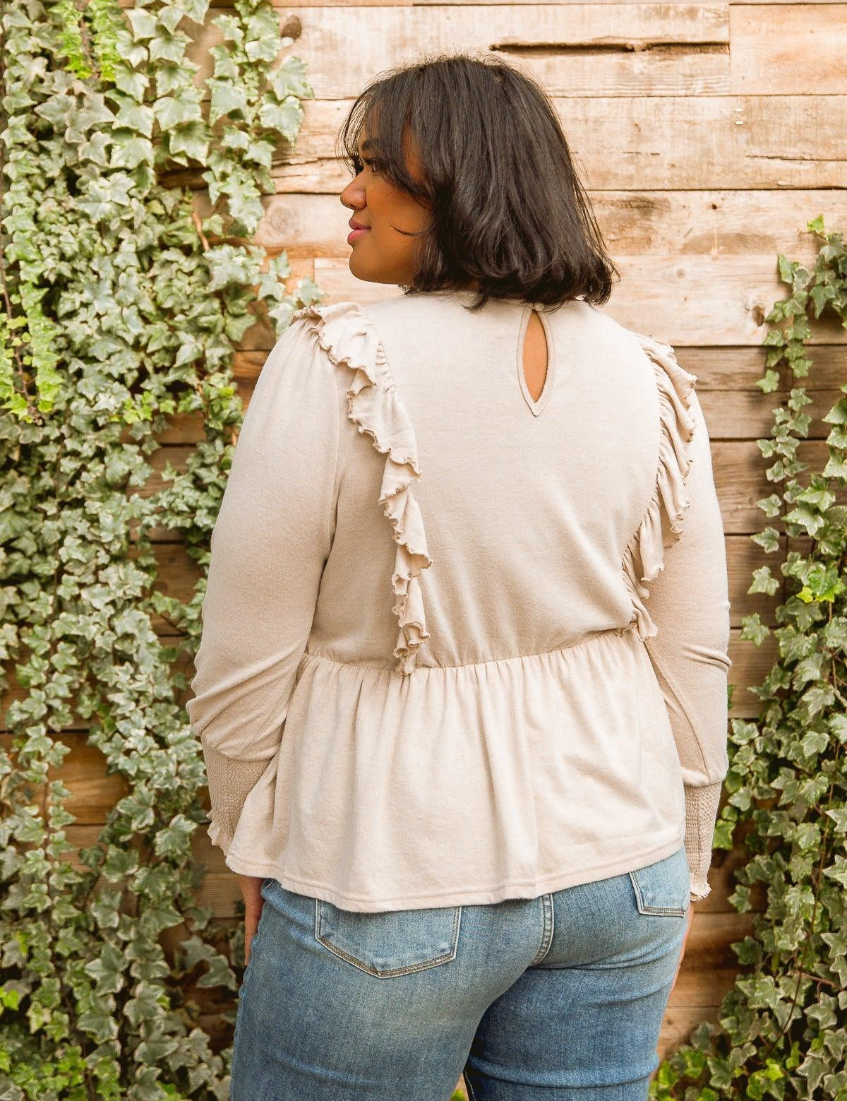Sweet Confession Top In Seashell. long sleeve ruffle front blouse. Lightweight blouse.