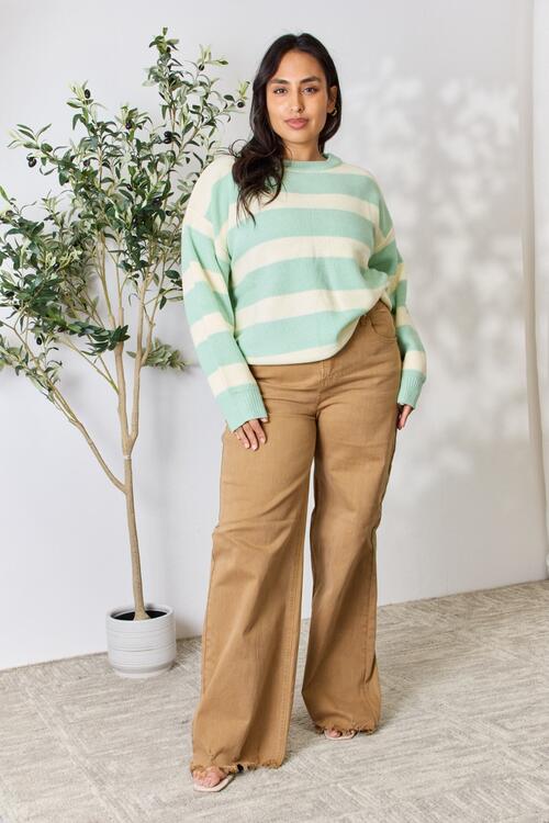 Sage + Ivory Striped Round Neck Sweater