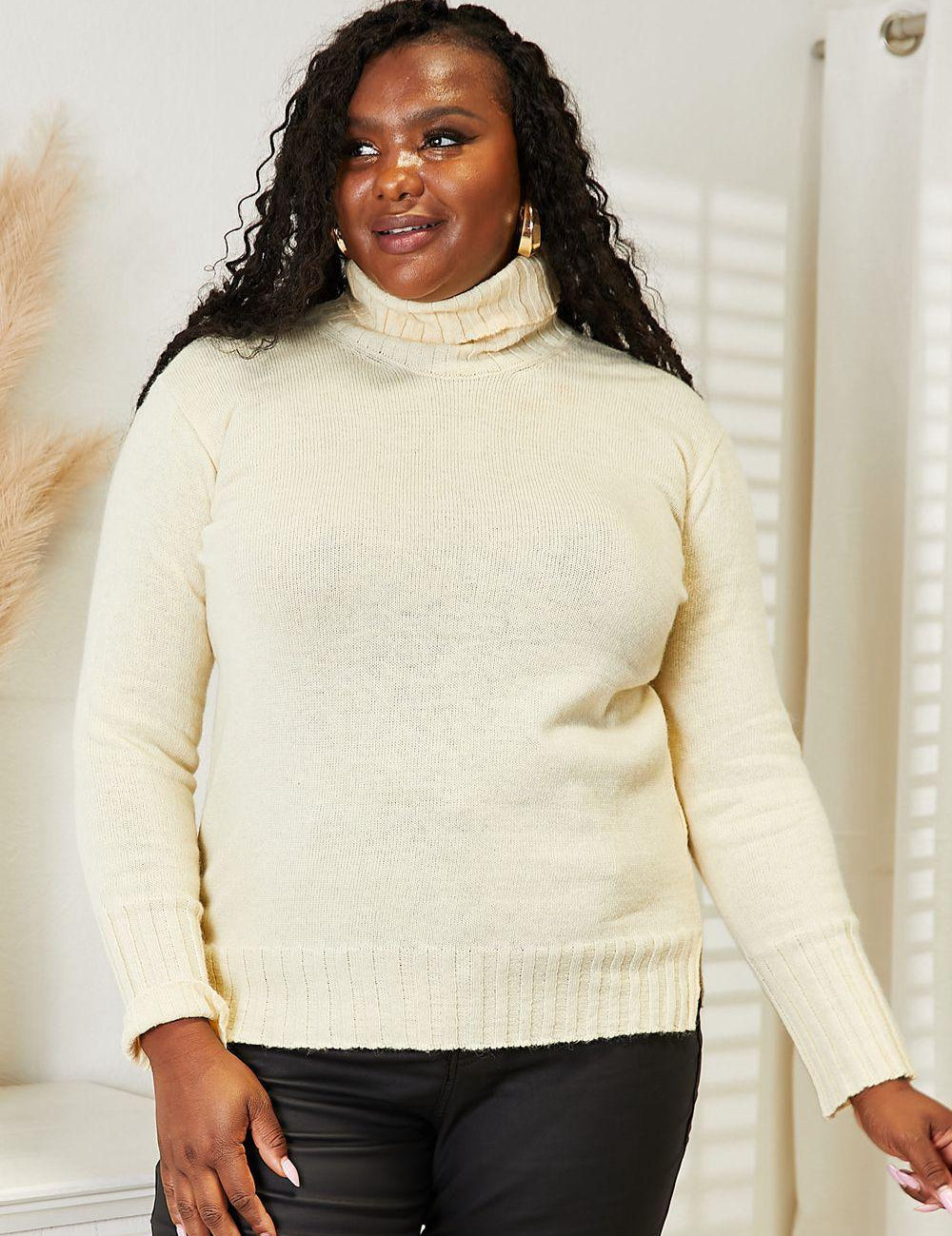 Love Her Long Sleeve Turtleneck Sweater with Side Slit - Sunday Golden