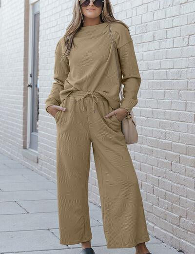 Textured Long Sleeve Top and Drawstring Pants Set - Sunday Golden