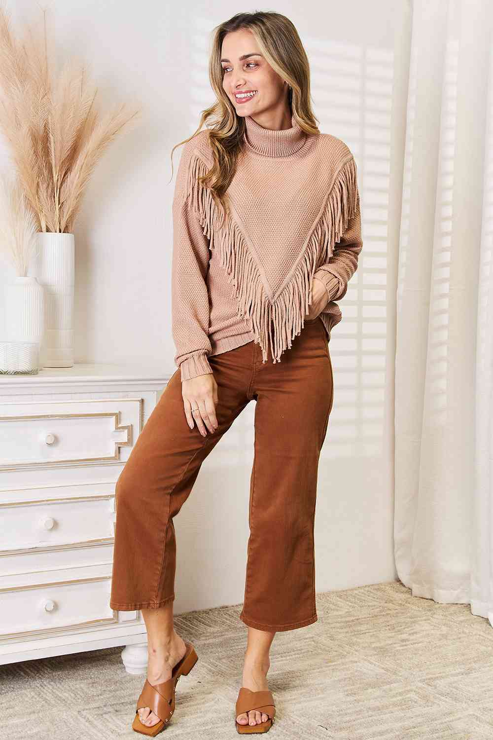 Fringe Turtleneck Long Sleeve Sweater