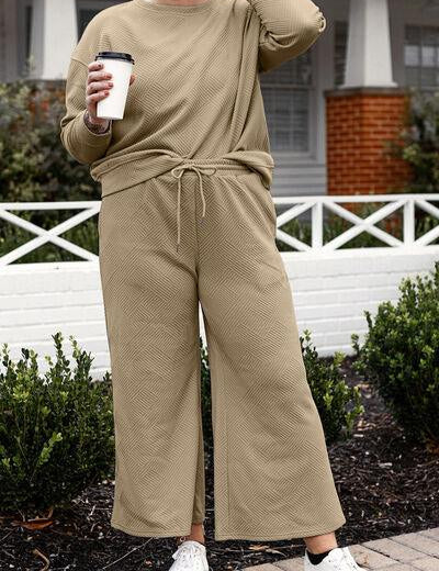 Textured Long Sleeve Top and Drawstring Pants Set - Sunday Golden